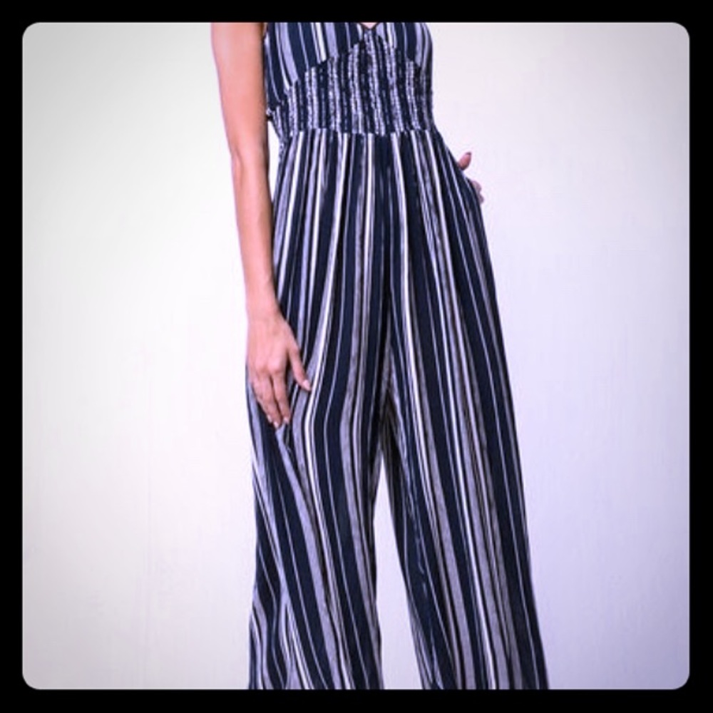 Navy and white striped cropped jumpsuit